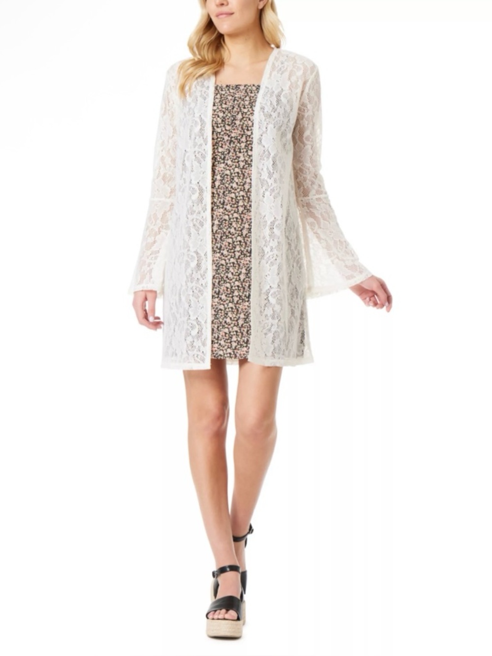 Juniors' WallFlower Lace Kimono Light Cream Open-Front Duster Cardigan, Sz M